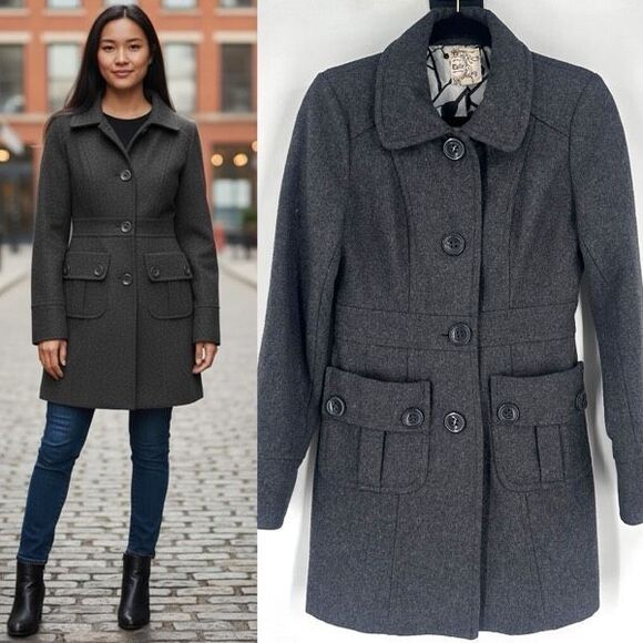 Anthropologie Tulle Grey Wool Blend Long Pea Coat Size S Peacoat Preppy Classic - Picture 1 of 12